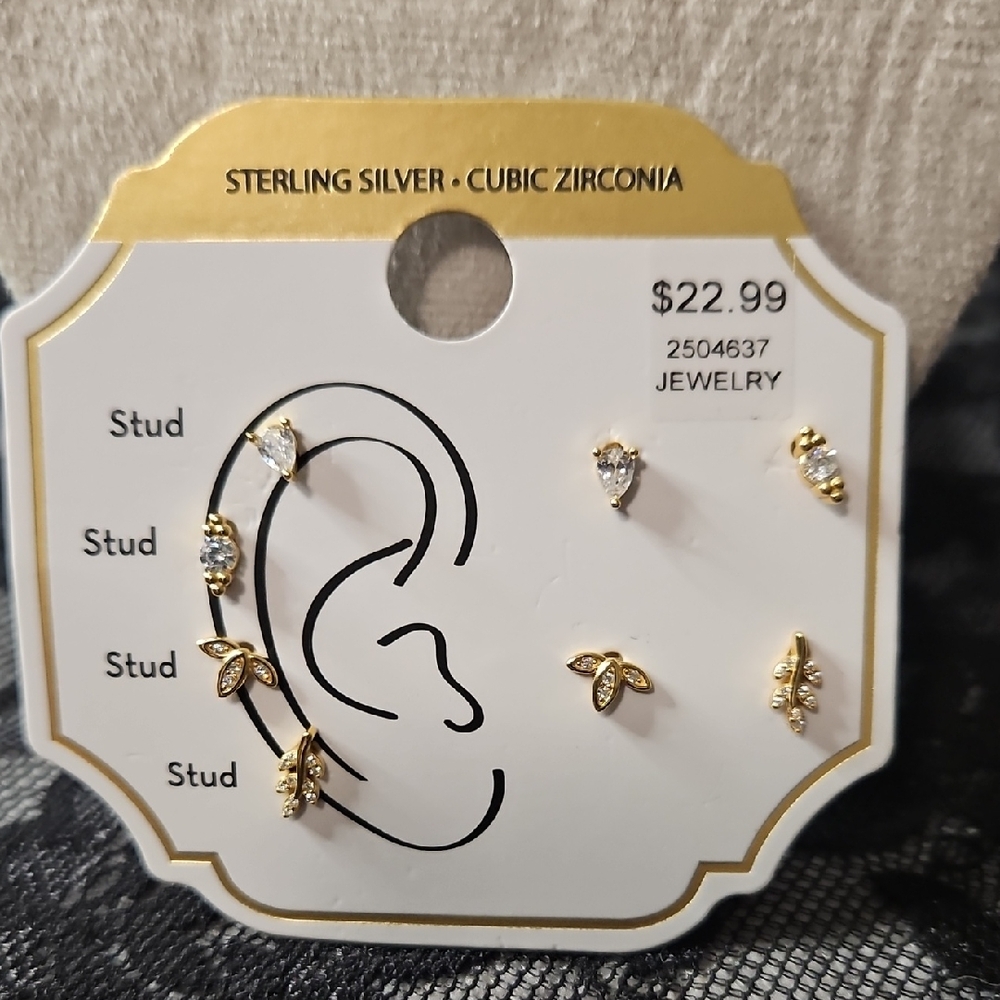 Gold Cubic Zirconia Leaf & Teardrop Stud Earring Set - Sterling Silver